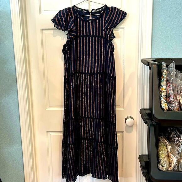 Tintoretto blue maxi dress with metallic gold threads side large - Picture 1 of 7